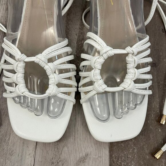Lulu's Lace-up Strappy White Sandals Size 8.5 M Square Toe Low Block Heel - Picture 3 of 13